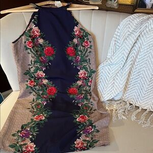 One Clothing Halter Style Tunic Dress with Red Floral on Navy